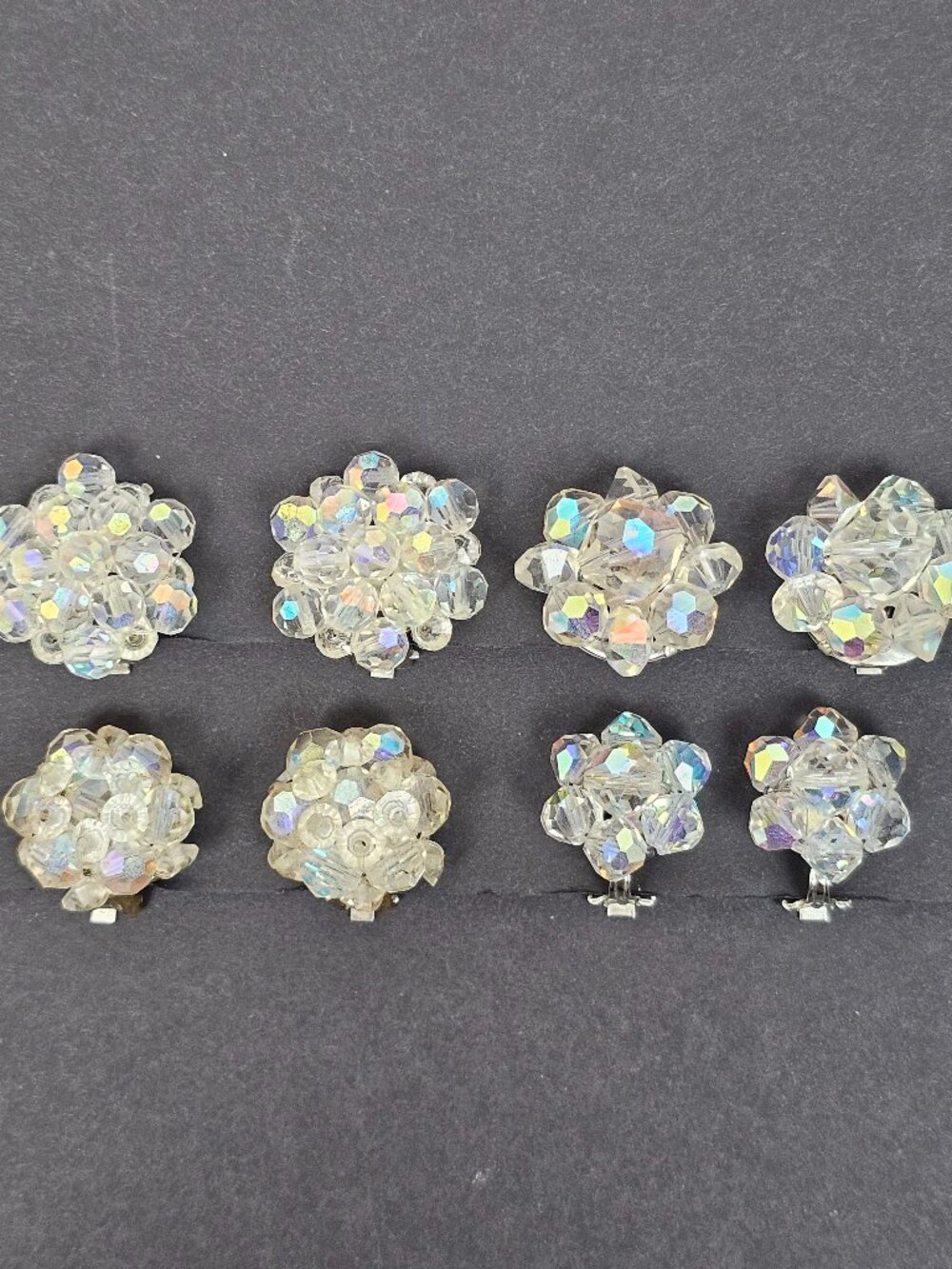 Vtg Crystal Glass Clear AB Aurora Borealis Cluster Clip On Earring 4 Pair Lot 99